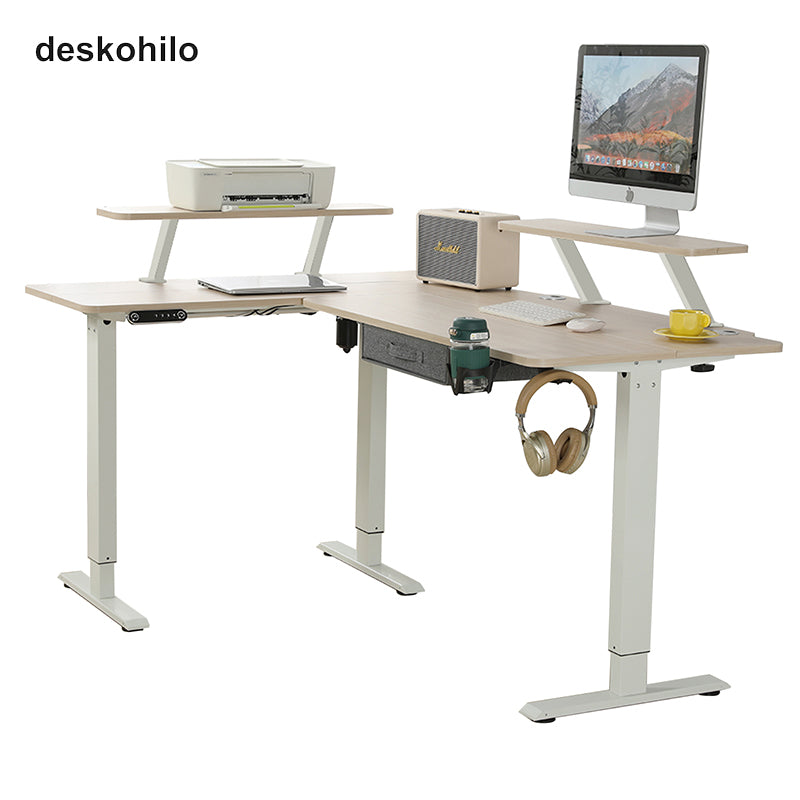 Radlove 63" x 30" L-Shaped Standing Desk Adjustable Electric Sit and Stand for Work Benches with Monitor Stand and Drawer, Oak