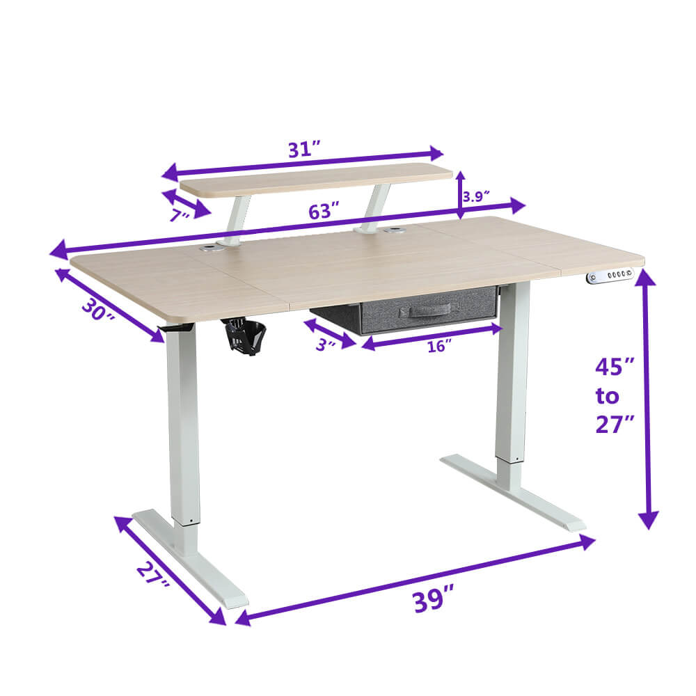 Radlove 63" x 30" Height Adjustable Electric Sit and Stand for Work Benches with Monitor Stand and Drawer, Oak