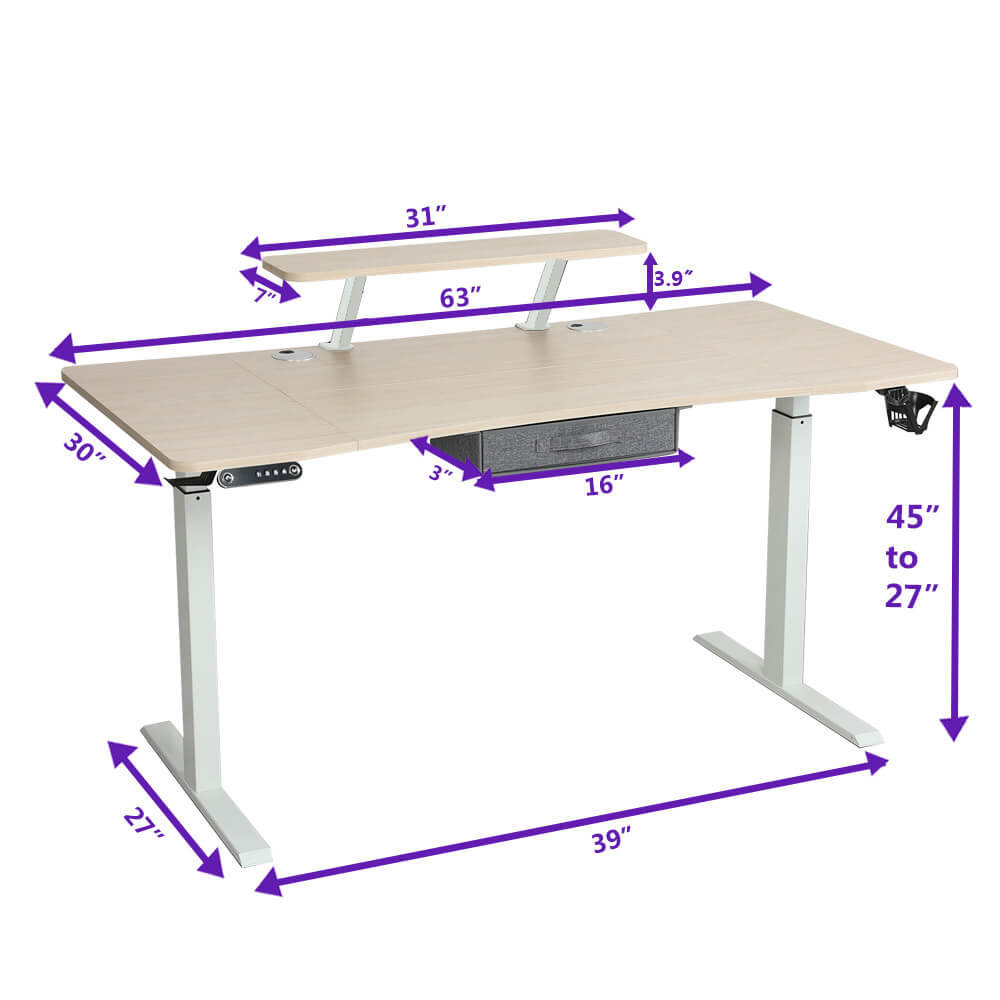 Radlove 63" x 30" Premium Dual Motor Height Adjustable Standing Desks & Worktops with Monitor Stand and Drawer, Oak