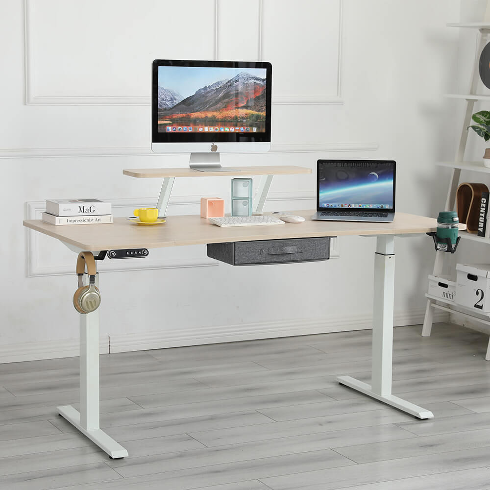 Radlove 63" x 30" Premium Dual Motor Height Adjustable Standing Desks & Worktops with Monitor Stand and Drawer, Oak