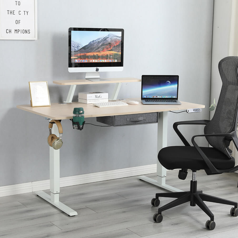 Radlove 63" x 30" Height Adjustable Electric Sit and Stand for Work Benches with Monitor Stand and Drawer, Oak