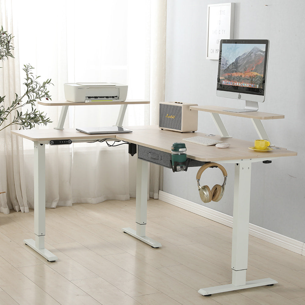 Radlove 63" x 30" L-Shaped Standing Desk Adjustable Electric Sit and Stand for Work Benches with Monitor Stand and Drawer, Oak