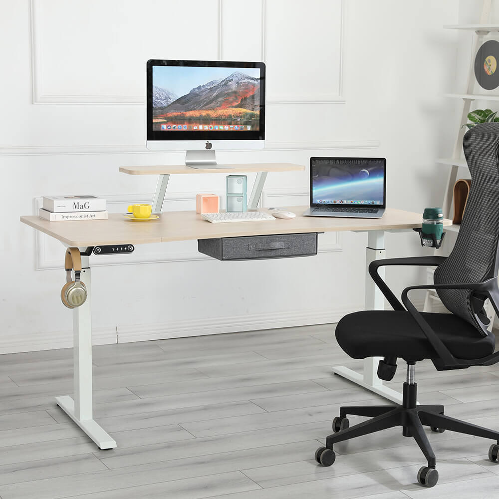 Radlove 63" x 30" Premium Dual Motor Height Adjustable Standing Desks & Worktops with Monitor Stand and Drawer, Oak