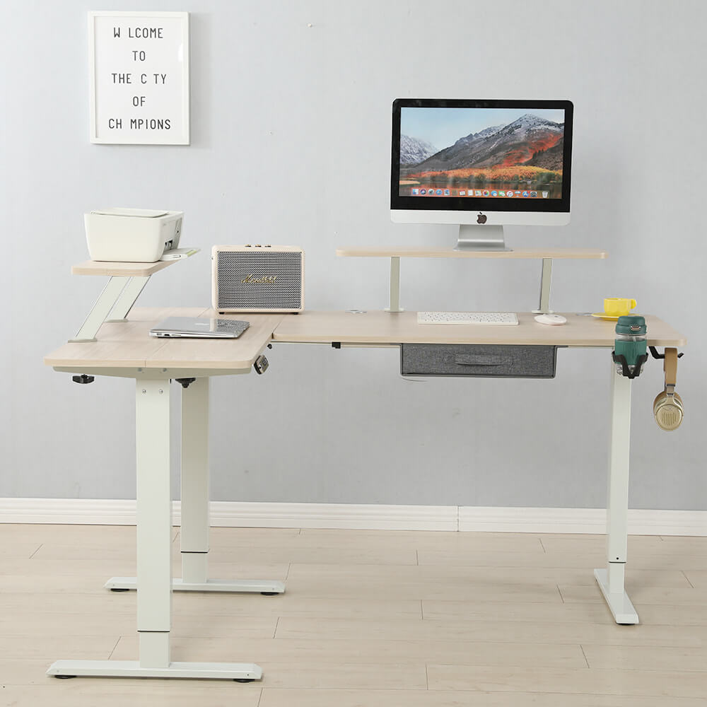 Radlove 63" x 30" L-Shaped Standing Desk Adjustable Electric Sit and Stand for Work Benches with Monitor Stand and Drawer, Oak