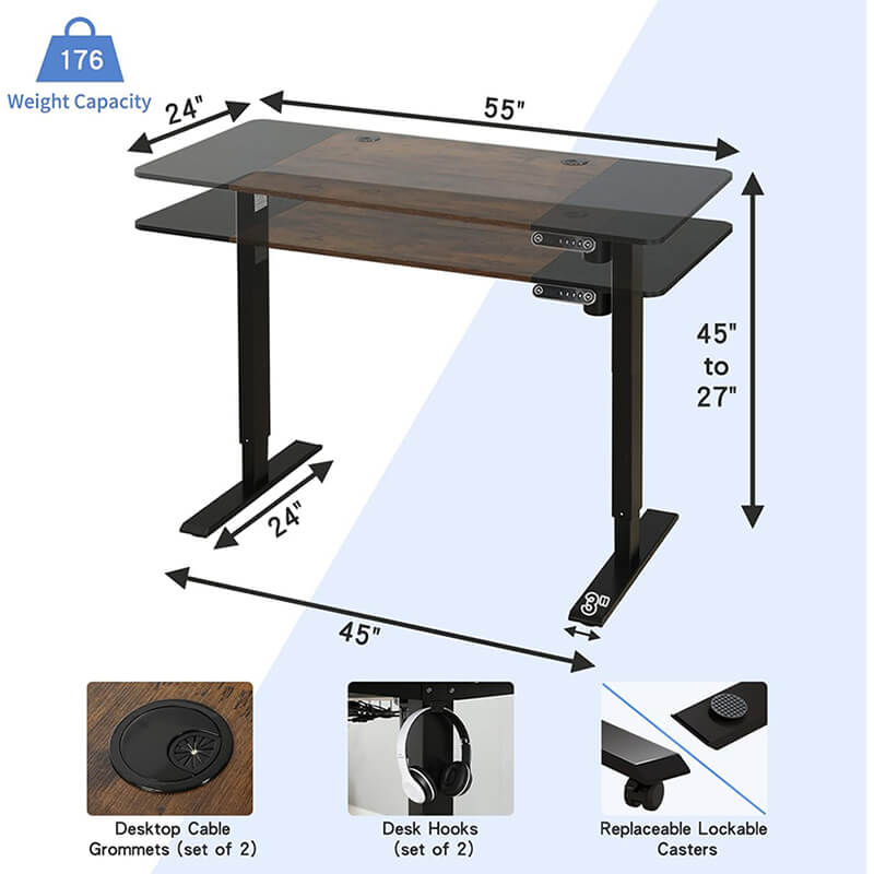 Radlove 55" x 24" Height Adjustable Electric Office Tables, Sit and Stand Home Office Desks with Splice Board with Wheels, White or Brown