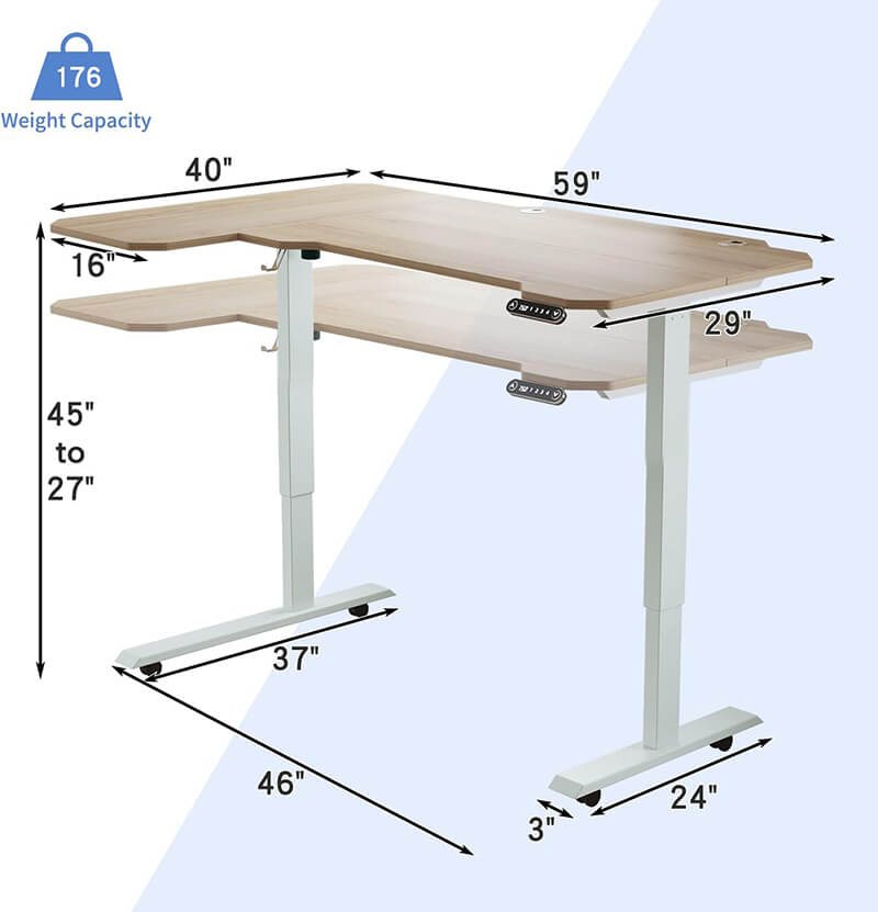 Radlove 59" x 24"  L-Shaped Standing Desk Adjustable Electric Sit and Stand for Worktops with Wheels, Brown, Black, Oak