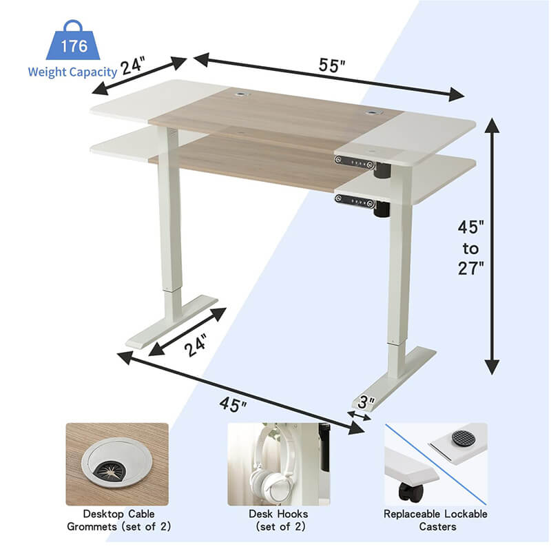 Radlove 55" x 24" Height Adjustable Electric Office Tables, Sit and Stand Home Office Desks with Splice Board with Wheels, White or Brown