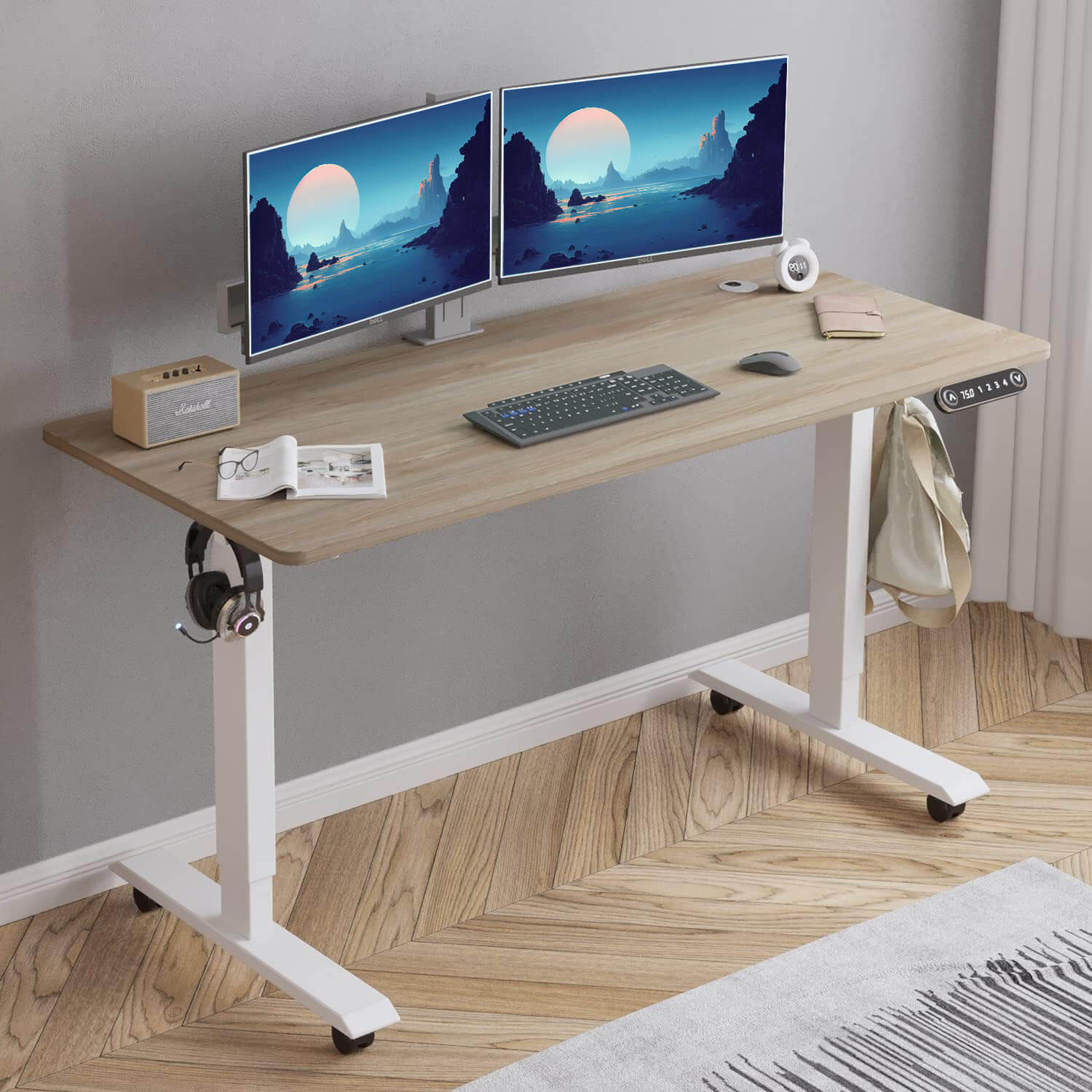 Radlove 48" x 24" Electric Standing Desks, Height Adjustable Office Tables with Splice Board and A Under Desk Cable Management Tray with Wheels, Brown or Oak