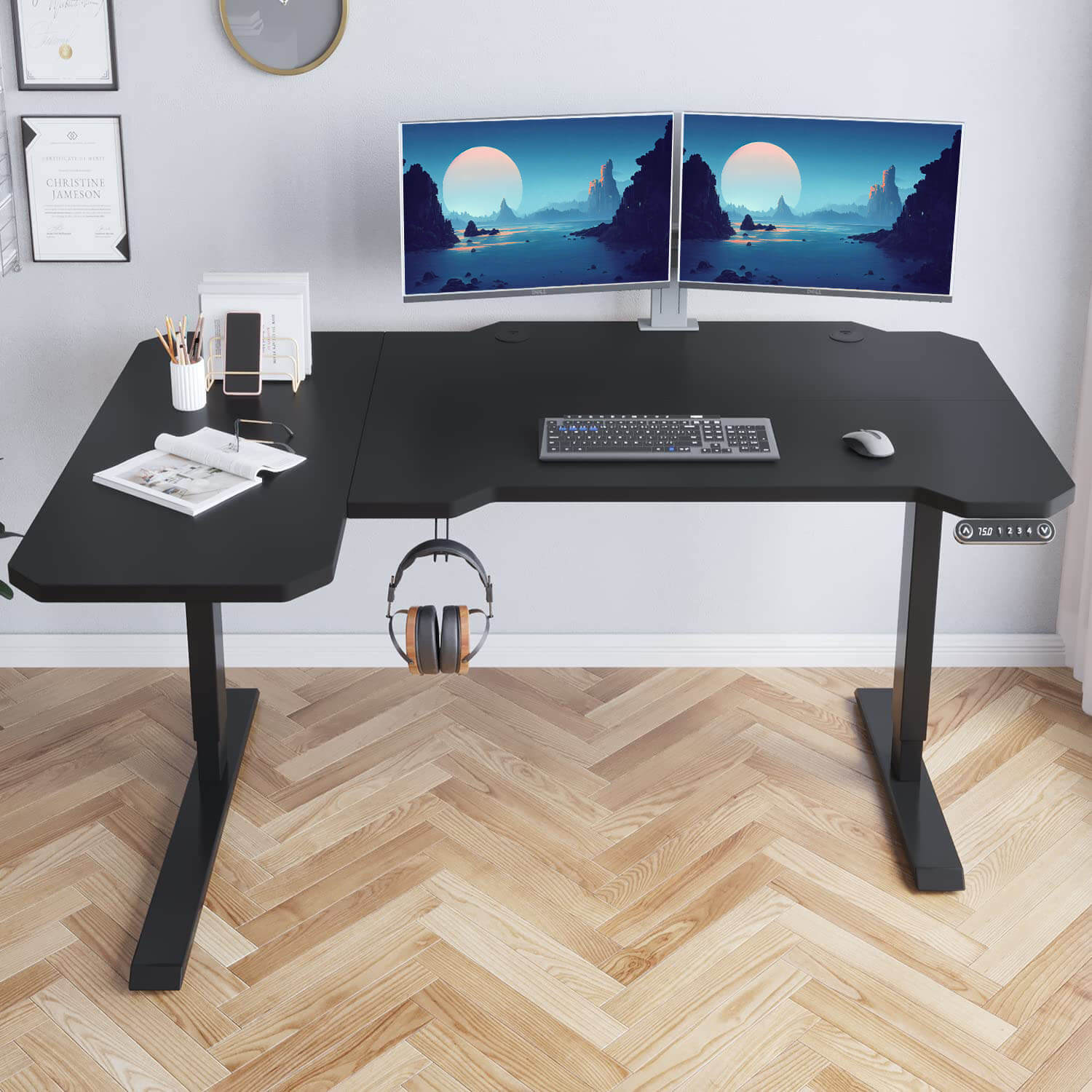 Radlove 59" x 24" Electric Height Adjustable Computer L-Shaped Office Desks with Memory Controller Corner Standing Desk with Splice Board