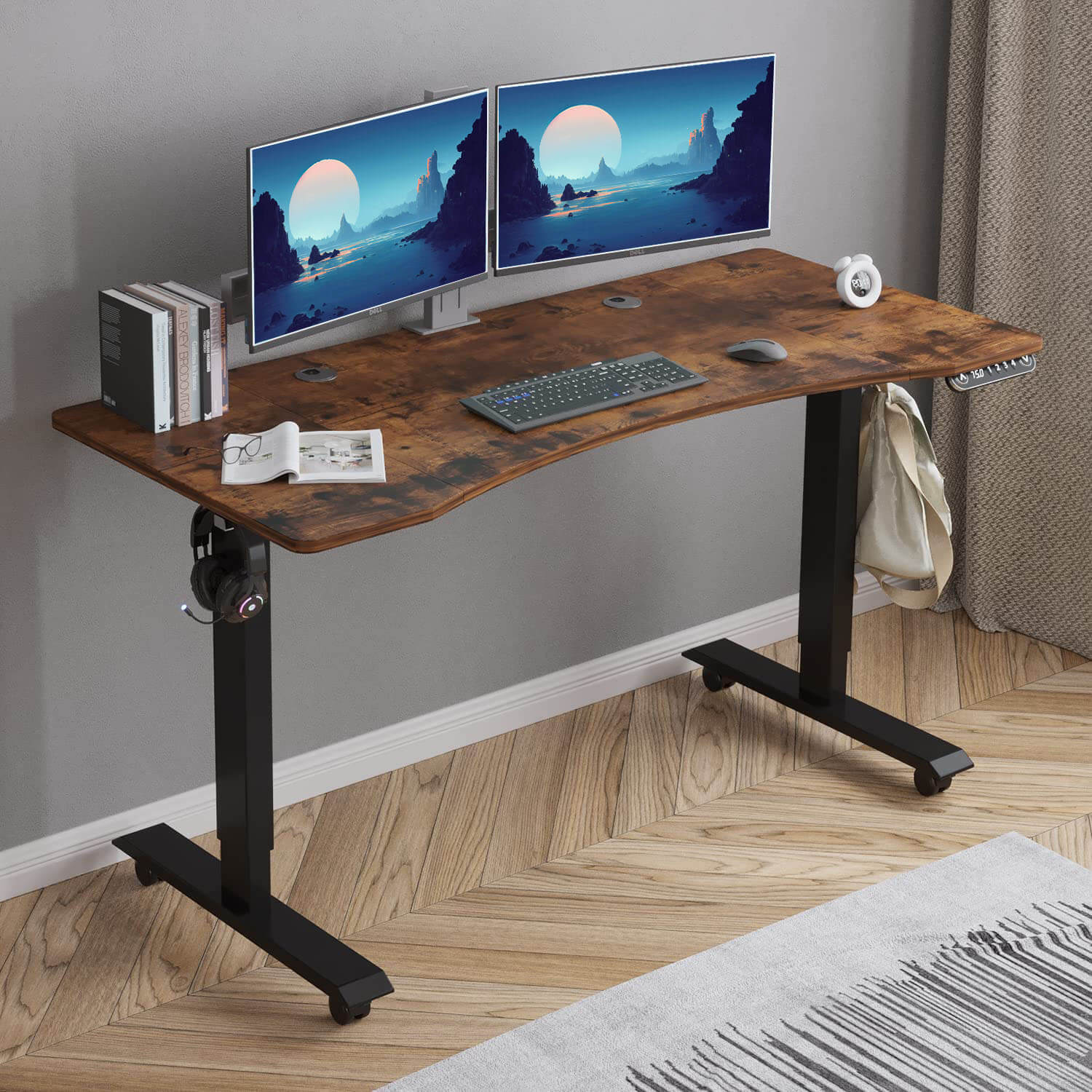 Radlove 55"x 30" Standing Desk Electric Height Adjustable Office Tables for Work Benches with Wheels, Oak or Brown