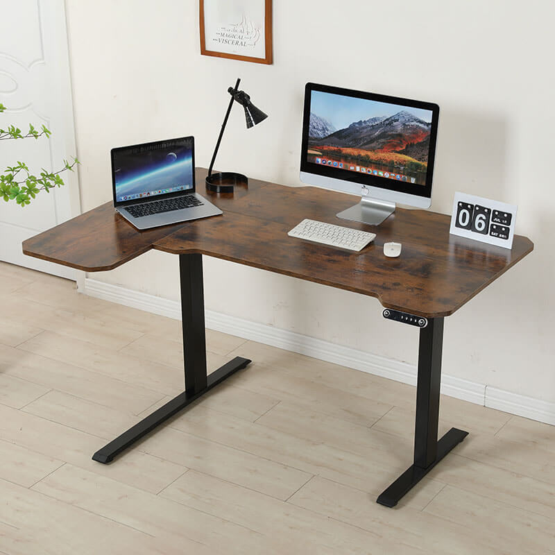 Radlove 59" x 24" Premium Dual Motor L-Shaped Office Tables Adjustable Electric Sit and Stand for Worktops with Wheels, Brown, Black, Oak