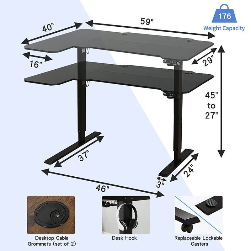 Radlove 59" x 24"  L-Shaped Standing Desk Adjustable Electric Sit and Stand for Worktops with Wheels, Brown, Black, Oak