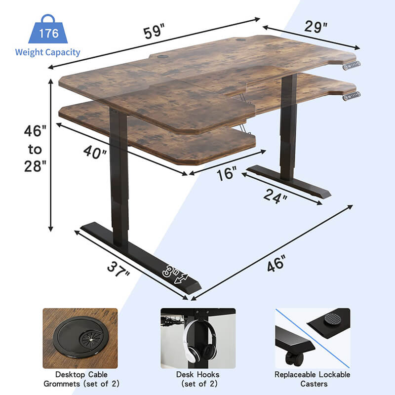 Radlove 59" x 24" Premium Dual Motor L-Shaped Office Tables Adjustable Electric Sit and Stand for Worktops with Wheels, Brown, Black, Oak