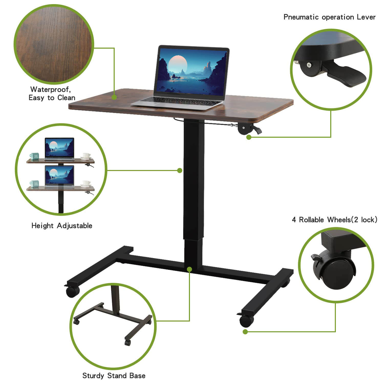 Radlove 28''x20'' Pneumatic Laptop Desk with Gas Spring Riser Mobile Office Tables with Wheels, White, Brown, Black