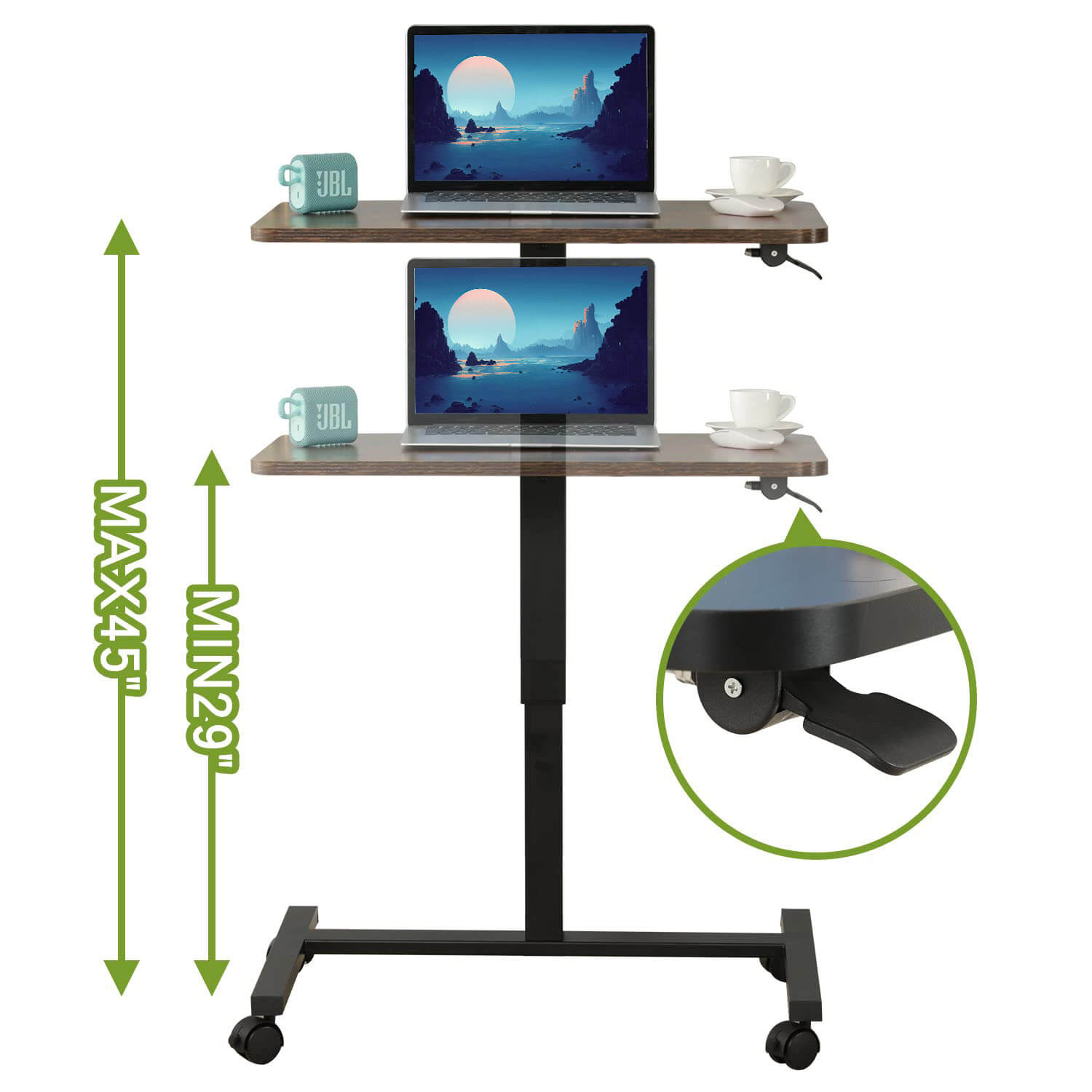 Radlove 28''x20'' Pneumatic Laptop Desk with Gas Spring Riser Mobile Office Tables with Wheels, White, Brown, Black