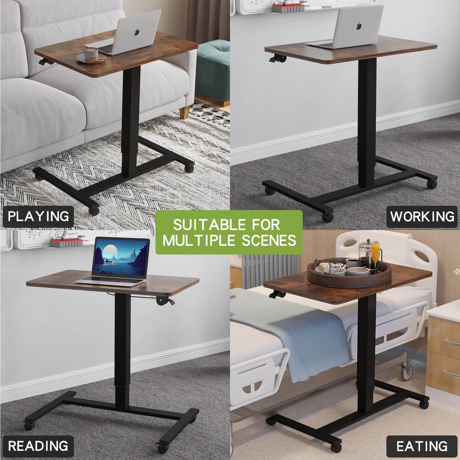 Radlove 28''x20'' Pneumatic Laptop Desk with Gas Spring Riser Mobile Office Tables with Wheels, White, Brown, Black