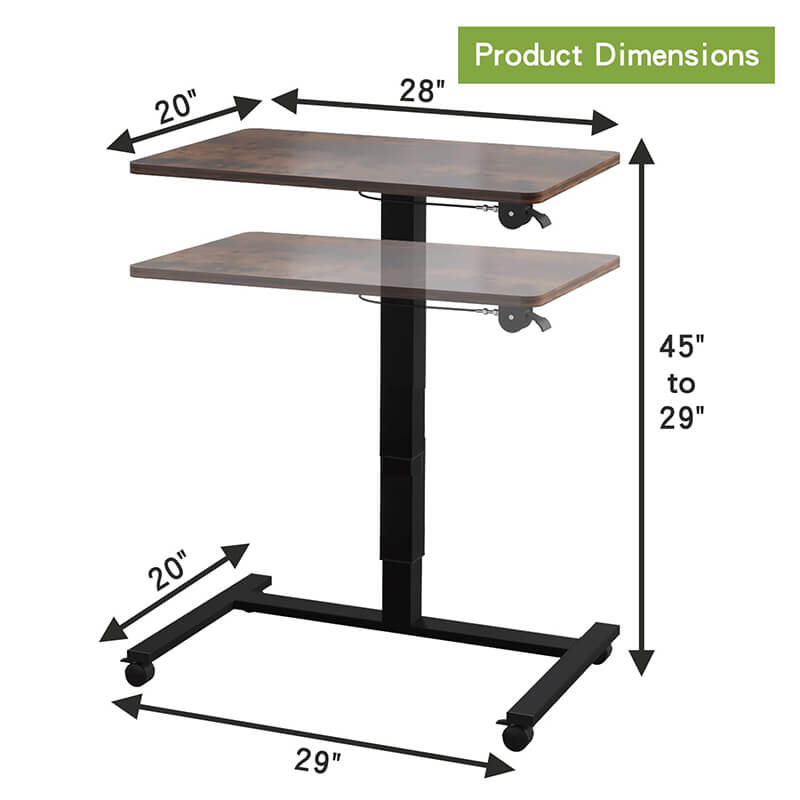 Radlove 28''x20'' Pneumatic Laptop Desk with Gas Spring Riser Mobile Office Tables with Wheels, White, Brown, Black